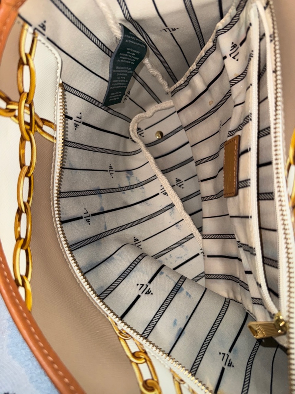 Ralph Lauren Cream Tote with Tan Straps and Gold Chain Print - Picture 5 of 7